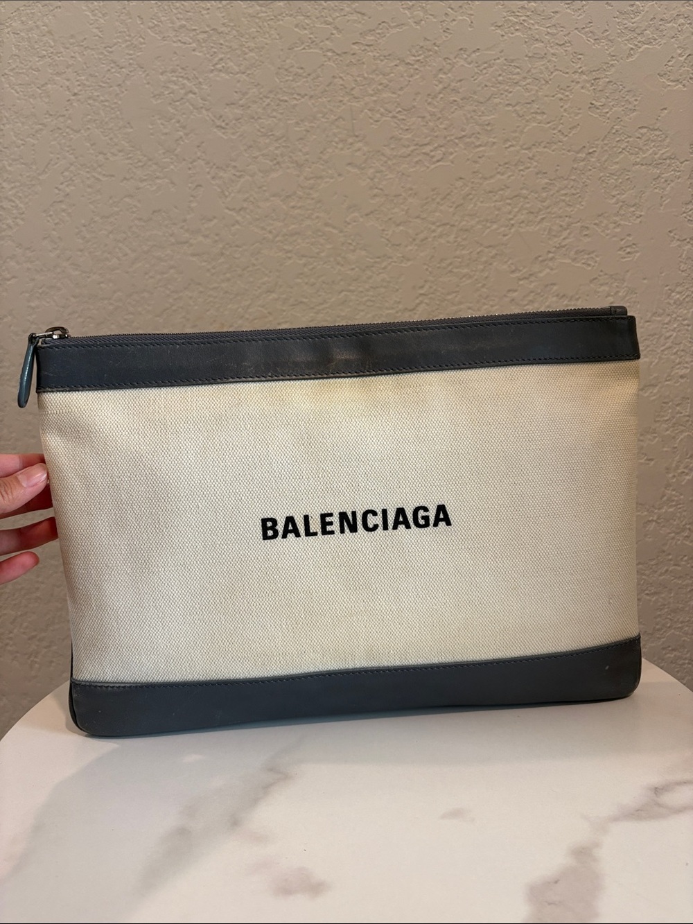 Balenciaga Cream Canvas and Gray Trim Pouch